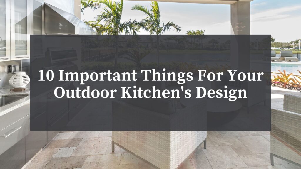 backyard outdoor kitchen's design with patio dining table and chairs and grill and counters for cooking in a tropical setting with palm trees