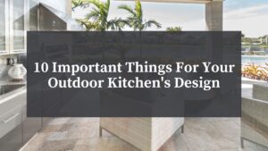 backyard outdoor kitchen's design with patio dining table and chairs and grill and counters for cooking in a tropical setting with palm trees