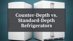 white counter-depth refrigerator next to standard-depth refrigerator with french doors