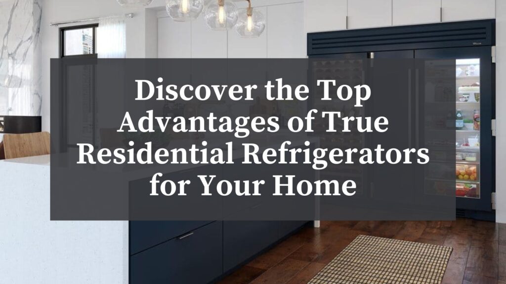 true residential refrigerator with glass doors in home kitchen